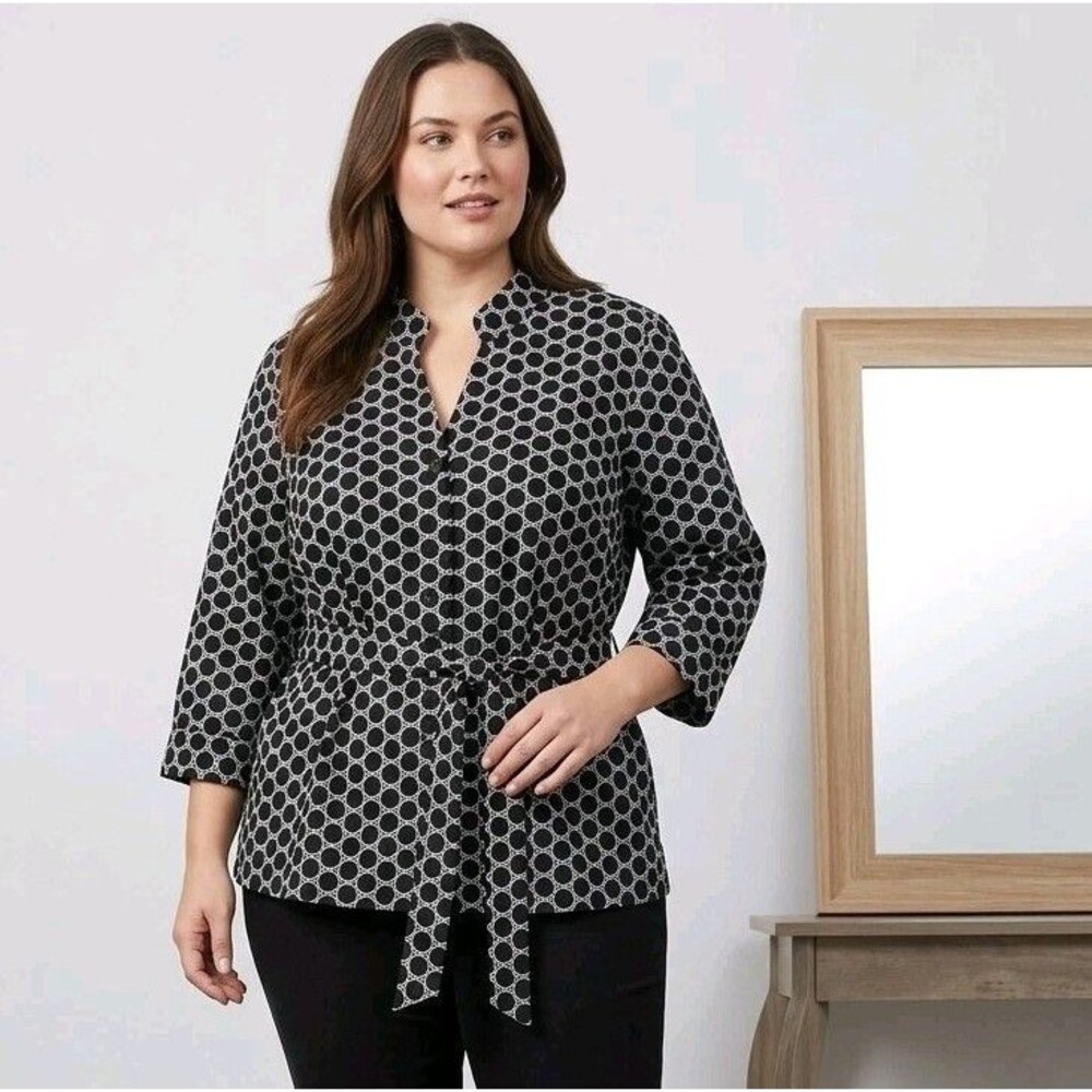 Levine Classics 100% Cotton Geometric Keyhole Belted Blouse SZ 20W Black White